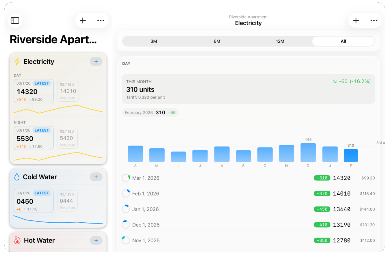 MetersMate on iPad — electricity detail with day and night rates