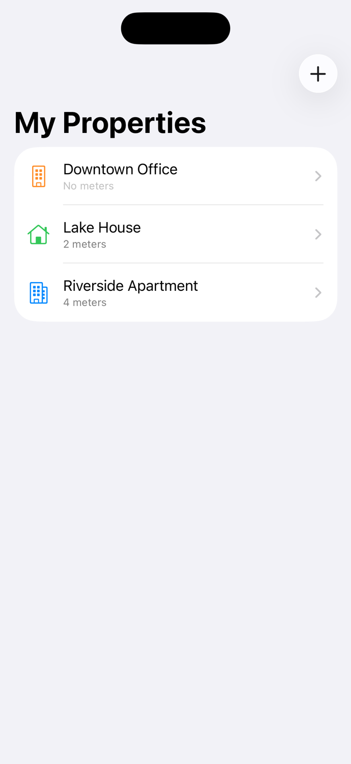 MetersMate properties list showing multiple homes